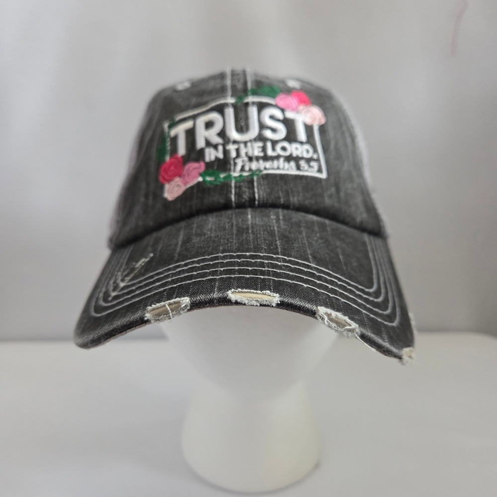 Katydid Trust In The Lord Proverbs 3:5 Trucker Hat Distressed Denim Mesh Cap - Picture 2 of 4